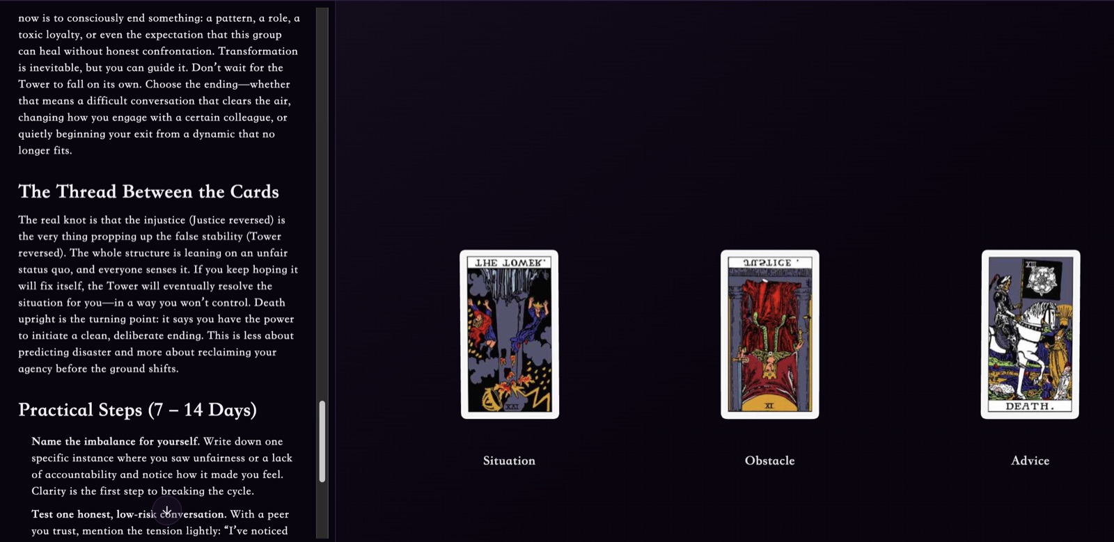 A laptop displays a detailed analysis while tarot cards sit beside the screen.