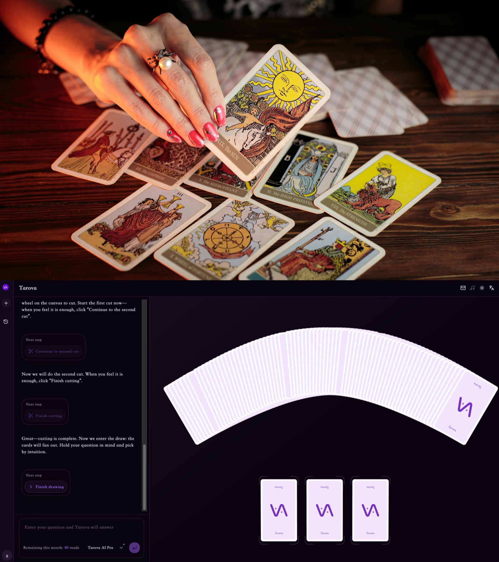 A side-by-side comparison of a traditional tarot table and a digital chat-based tarot interface.
