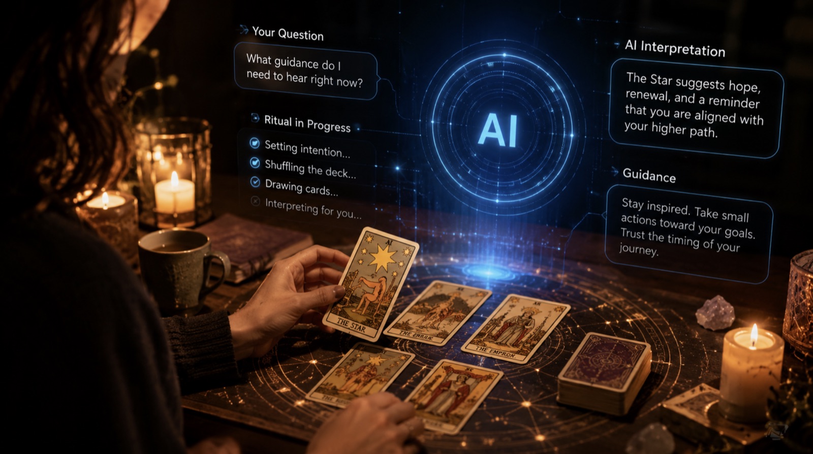 A warm tarot reading atmosphere with candles, cards, and a notebook on the table.
