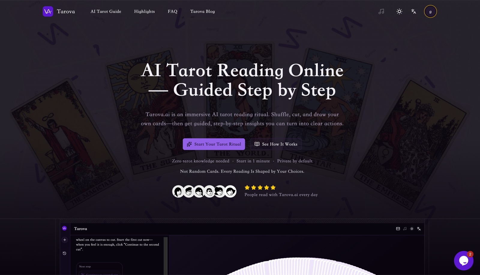 A real Tarova product screenshot showing AI tarot question clarification, card drawing, and interpretation.
