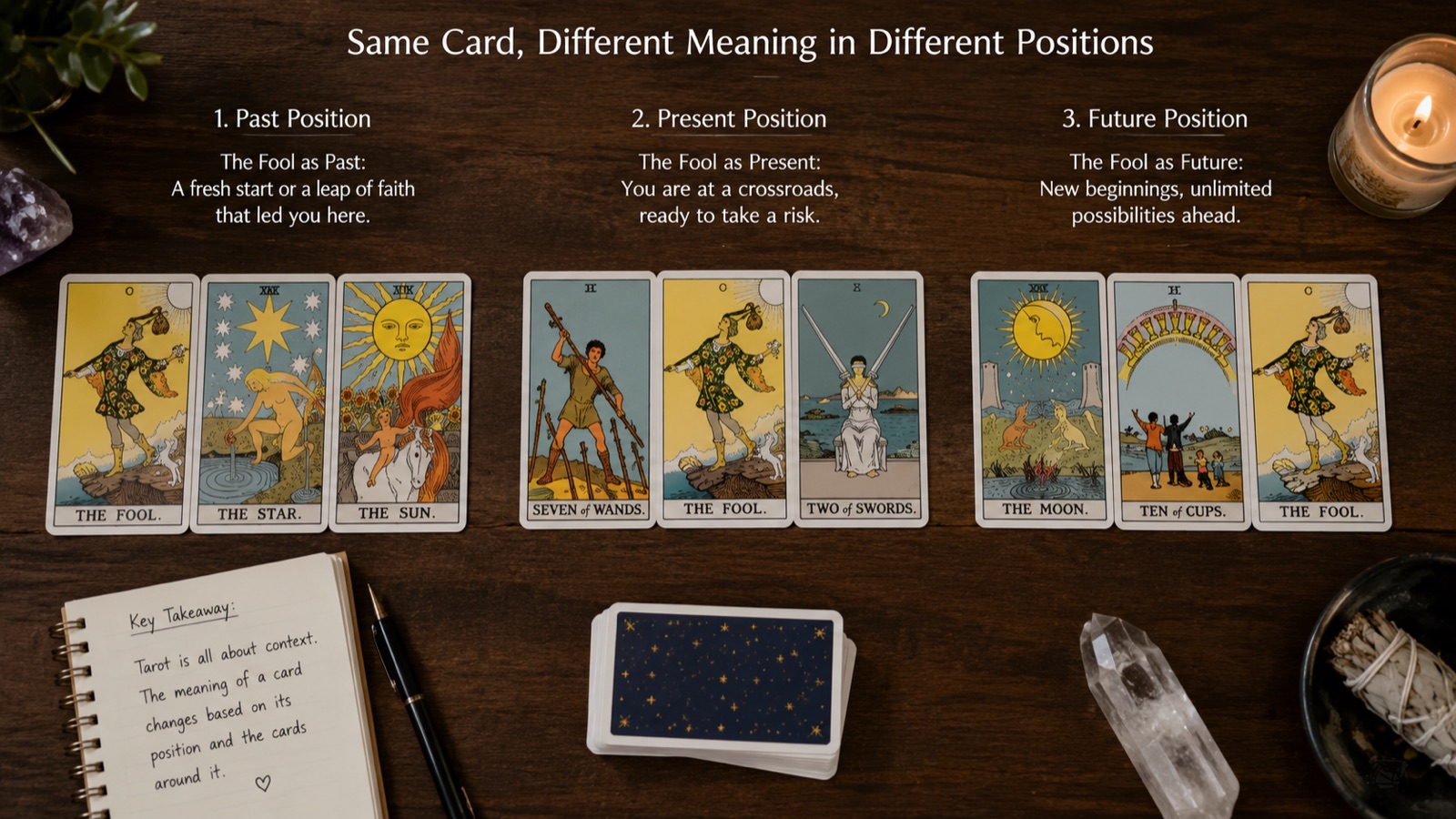 The same tarot card placed in different spread positions to show how meaning changes with context.