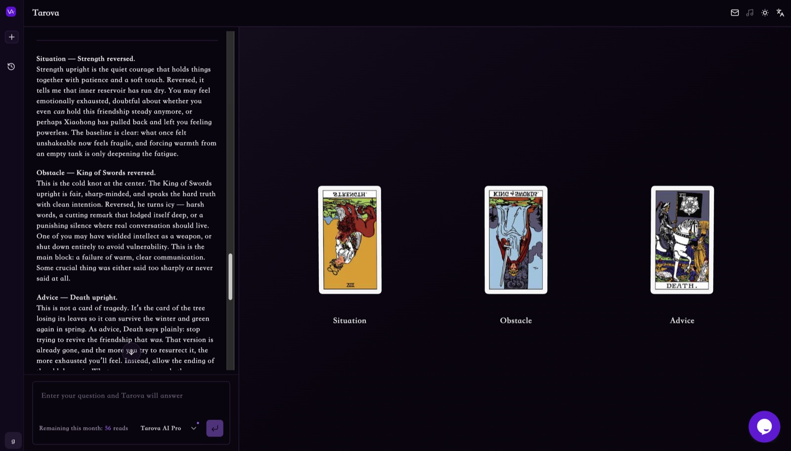 An AI tarot reading interface that interprets card meanings in relation to a user's question and spread.