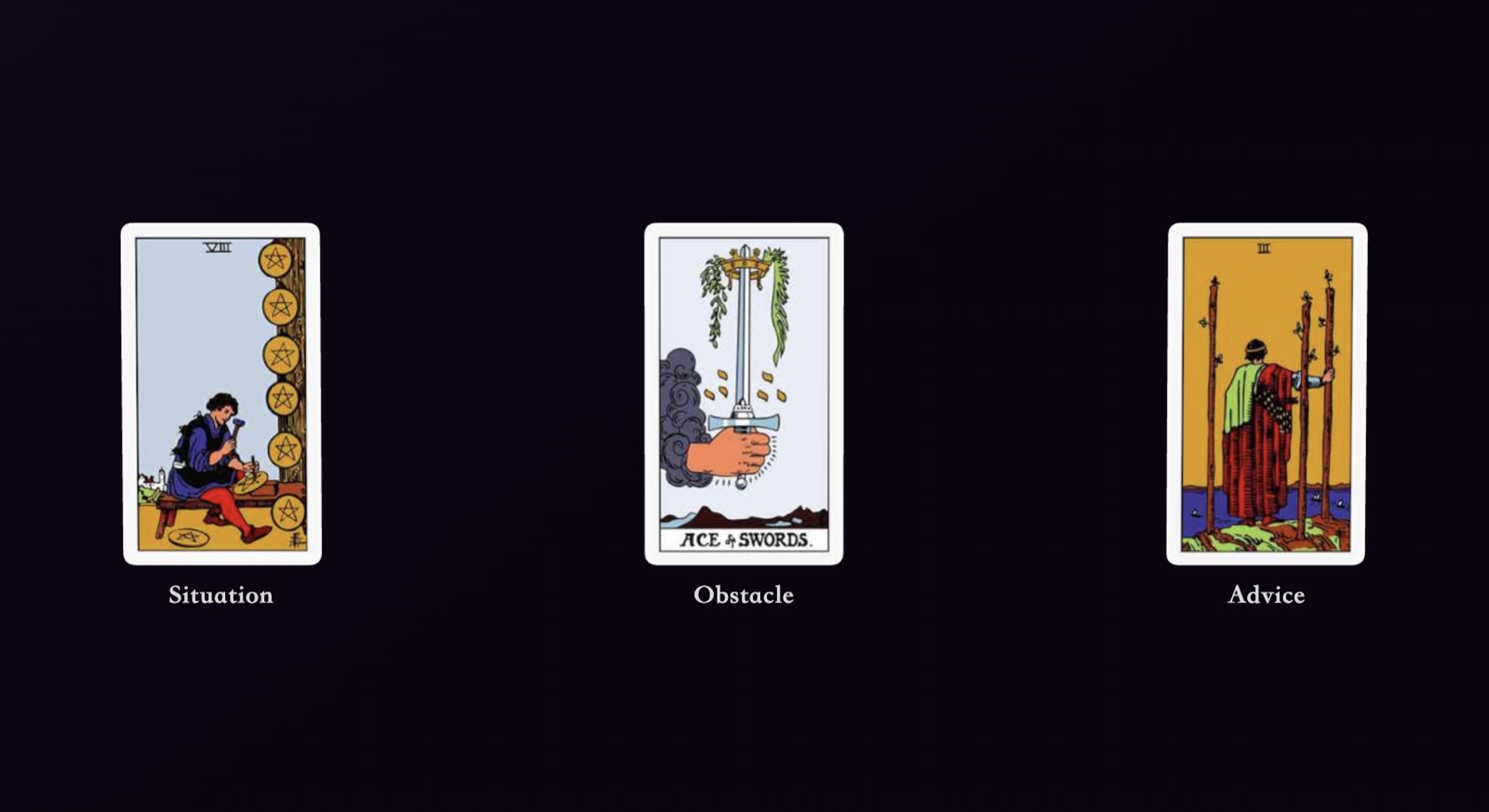 A simple three-card tarot spread laid out neatly to show how spread positions guide interpretation.