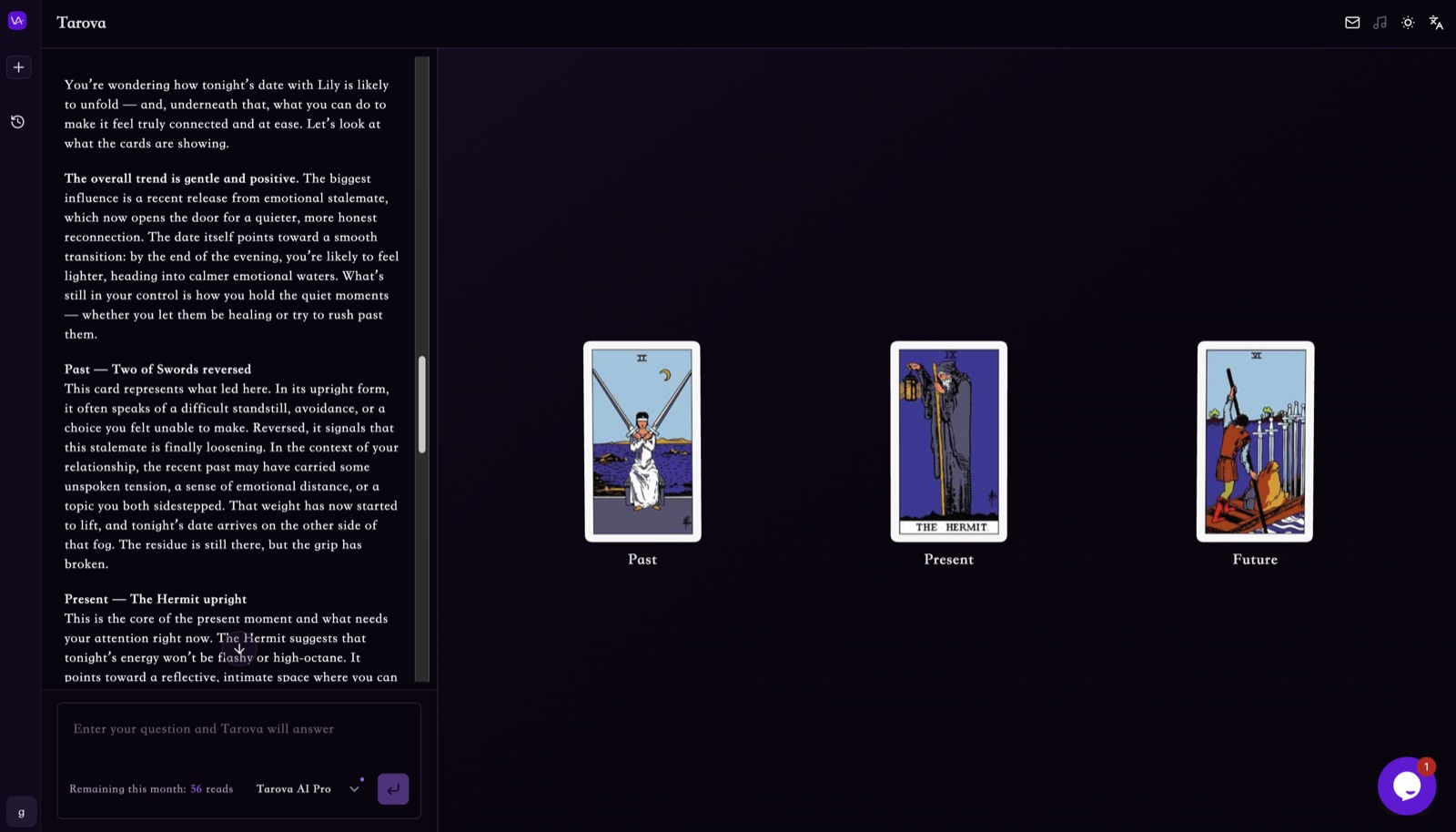 An AI tarot reading interface explains a spread and helps a beginner understand card relationships.