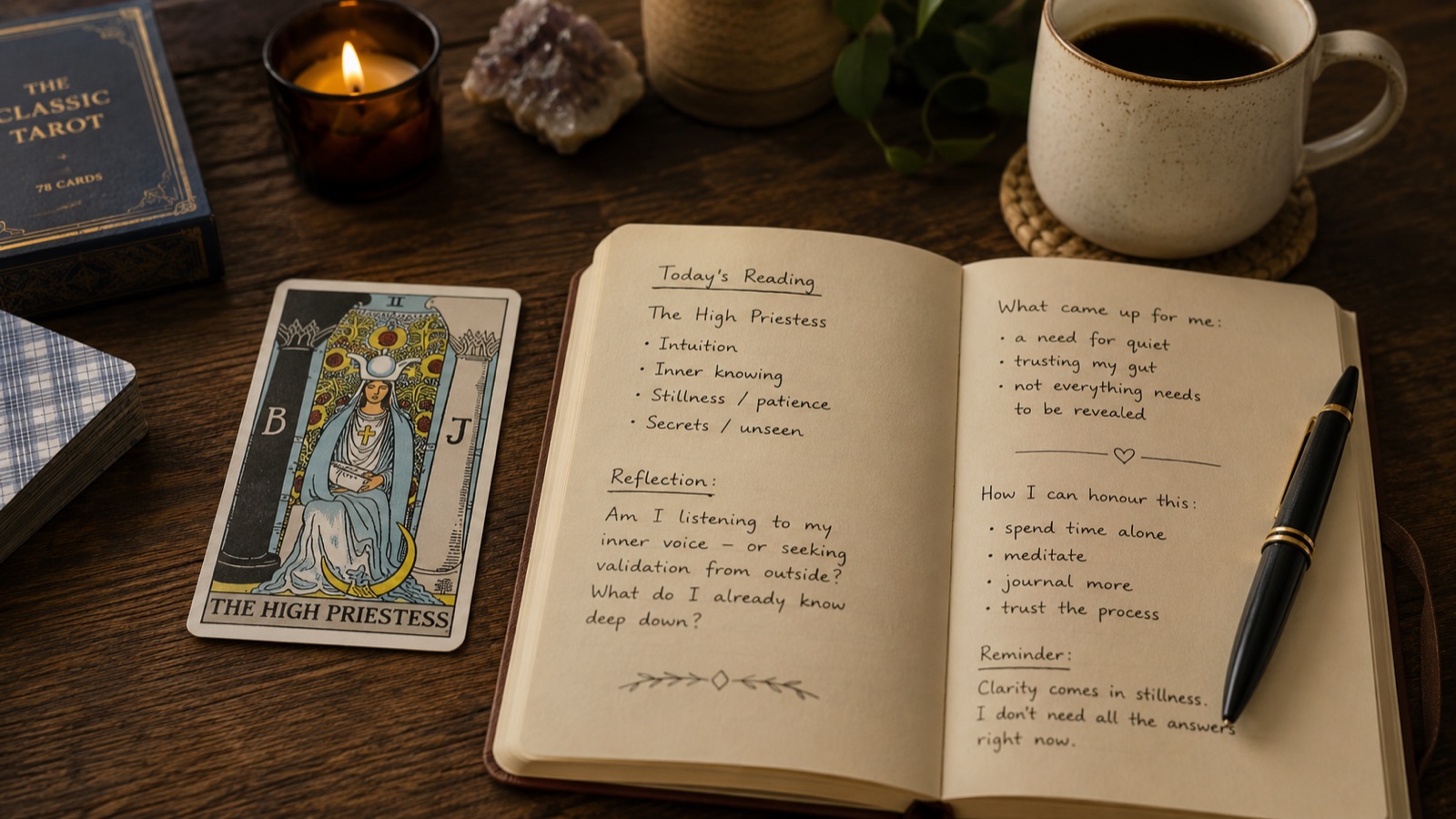 A tarot card placed beside a journal and pen, emphasizing reflection over prediction.