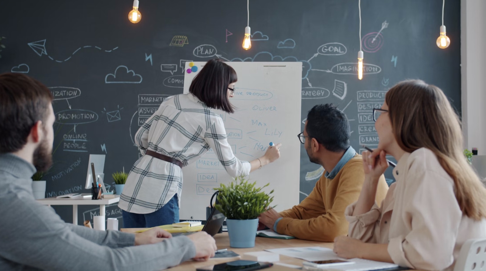 A team brainstorming around a whiteboard, representing strategy and reading the moment.