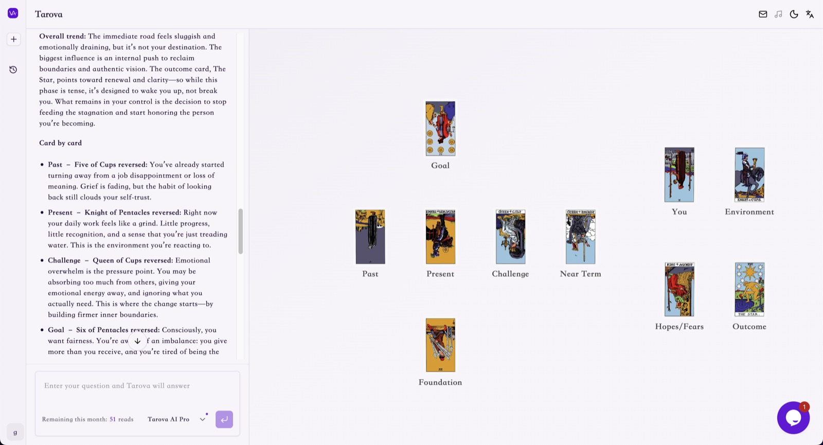 Tarova interface showing a guided AI tarot experience and product flow.