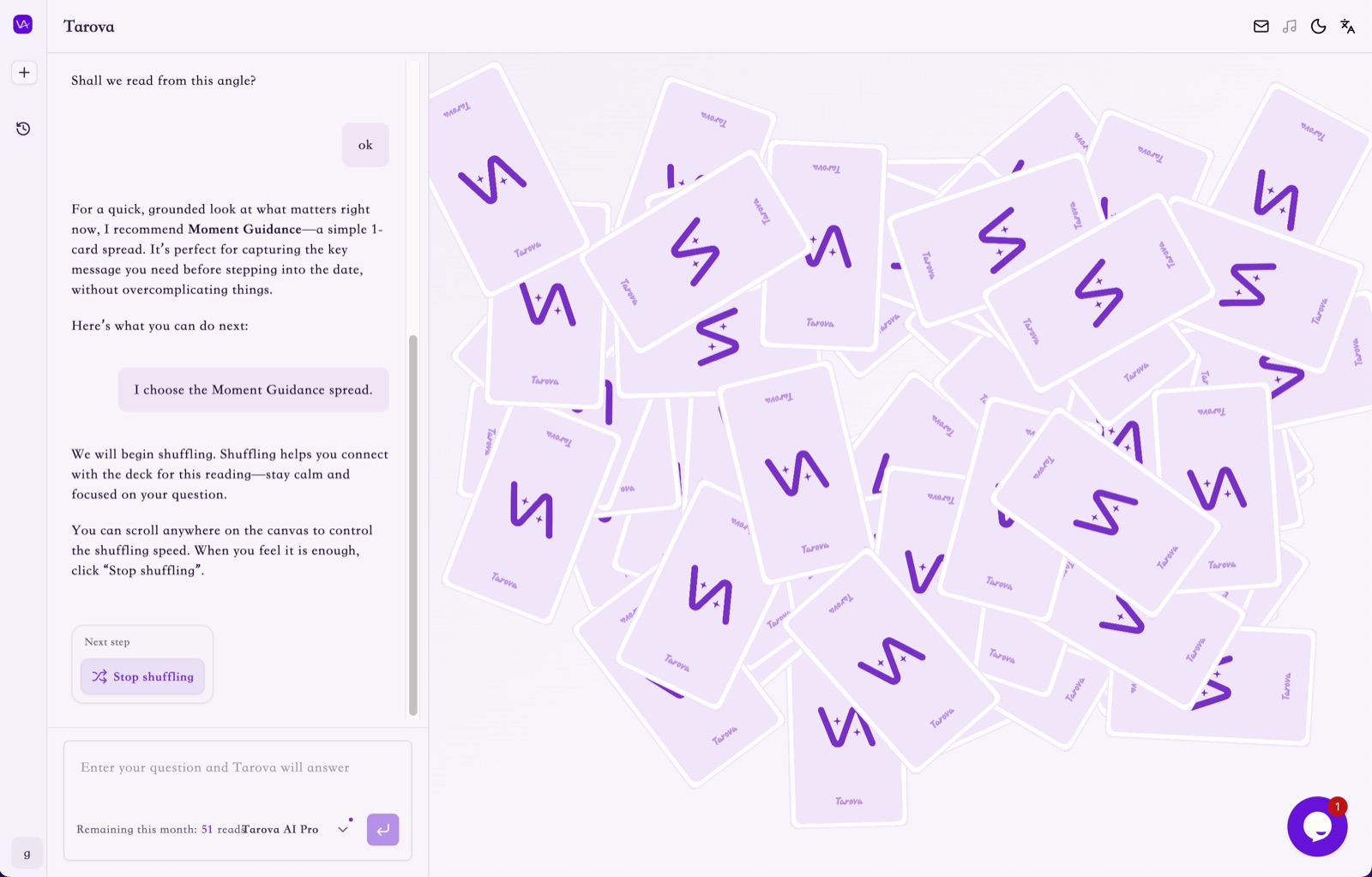 Tarova interface showing a guided tarot reading flow and structured interpretation.