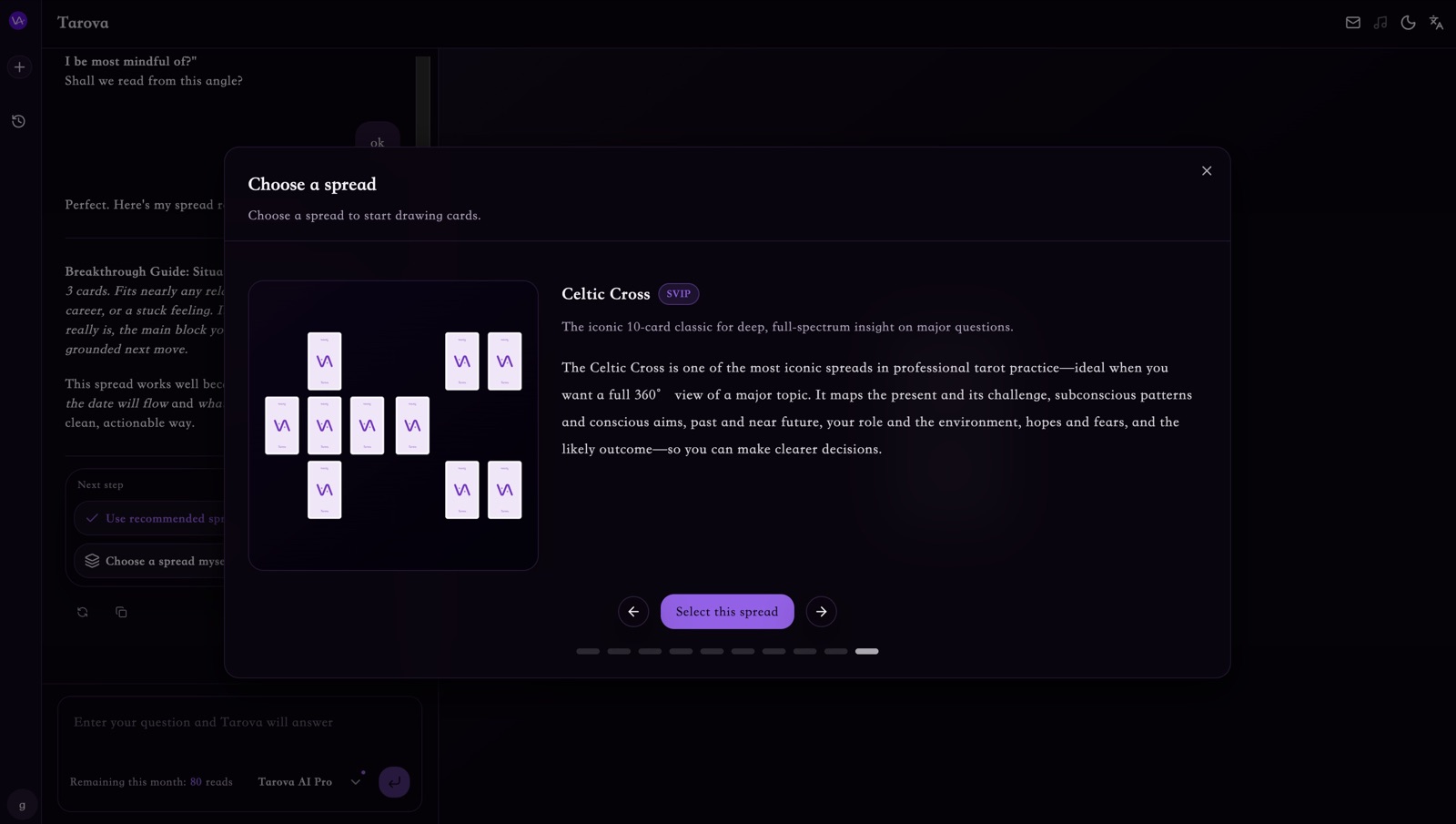 Tarova interface showing a guided tarot reading flow and structured interpretation.