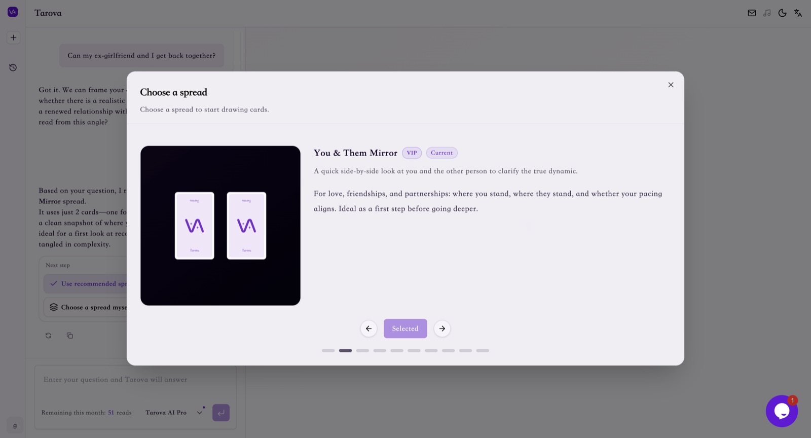 Tarova guided tarot reading interface showing a structured interpretation flow.