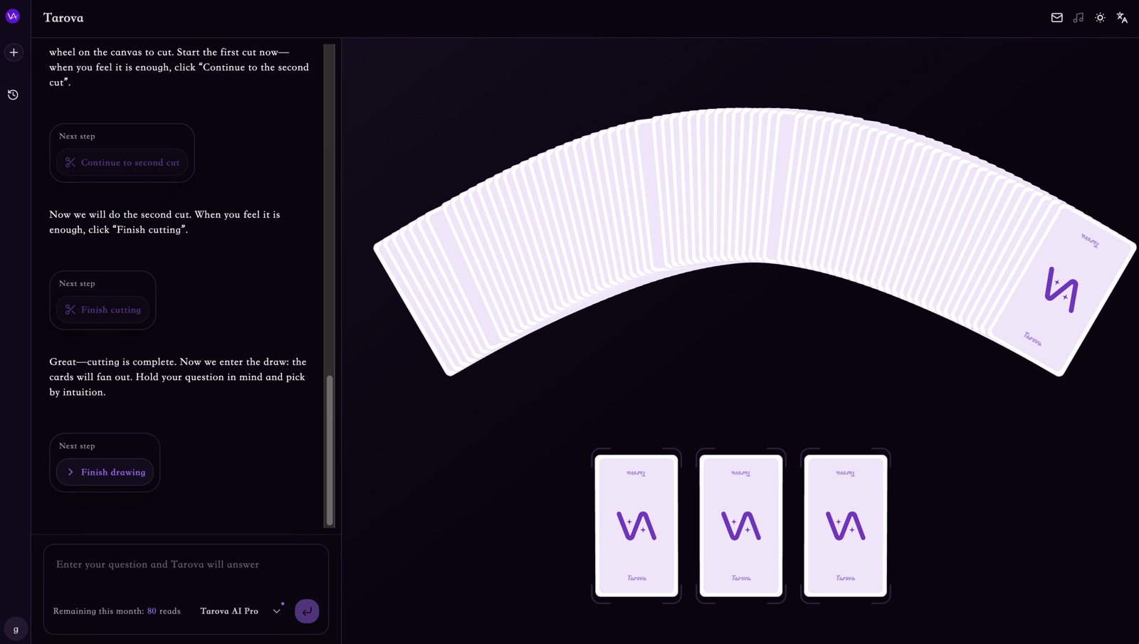 The Tarova guided tarot reading interface showing a structured chat experience.