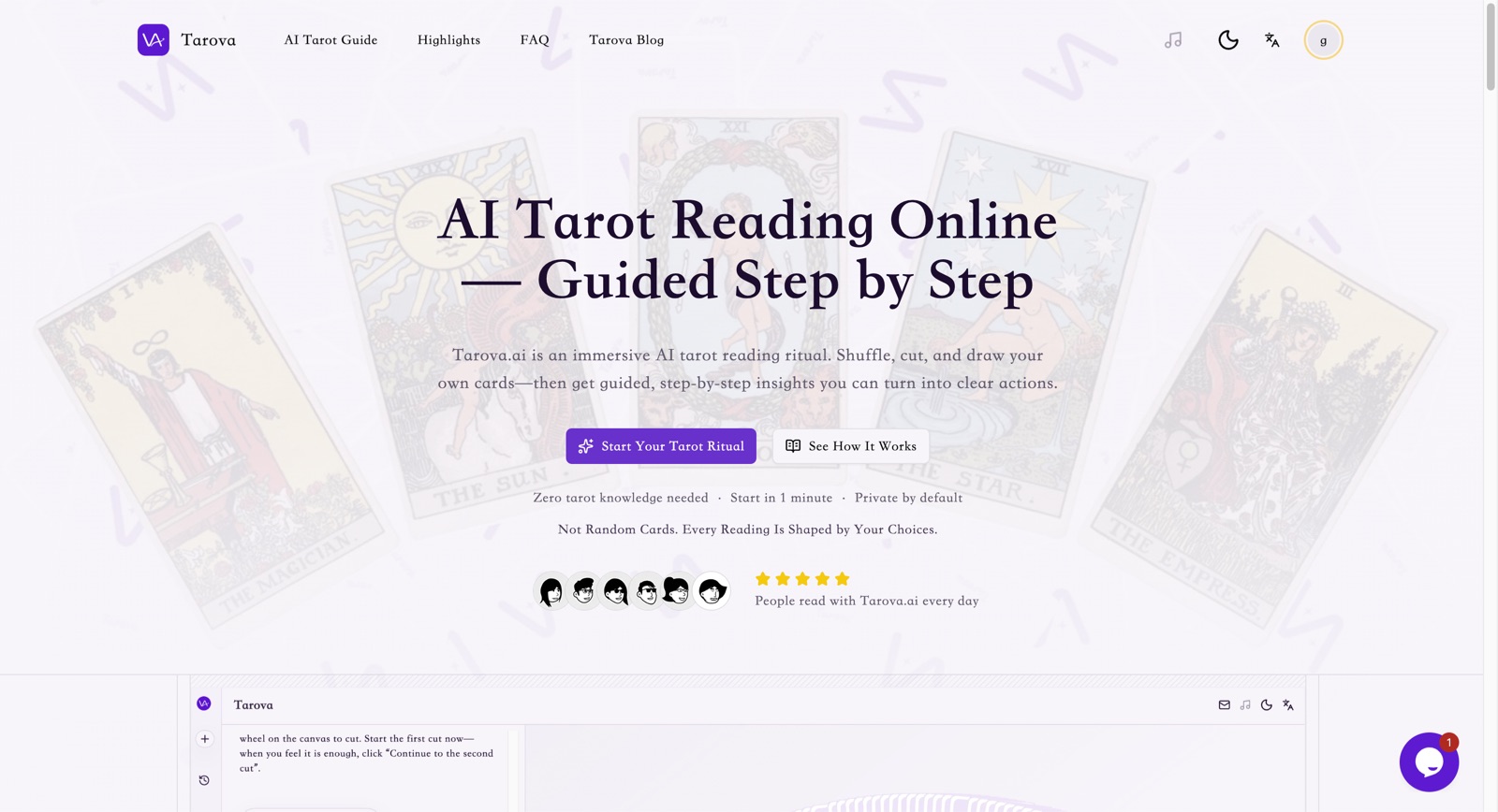 The Tarova interface showing a guided tarot reading experience.