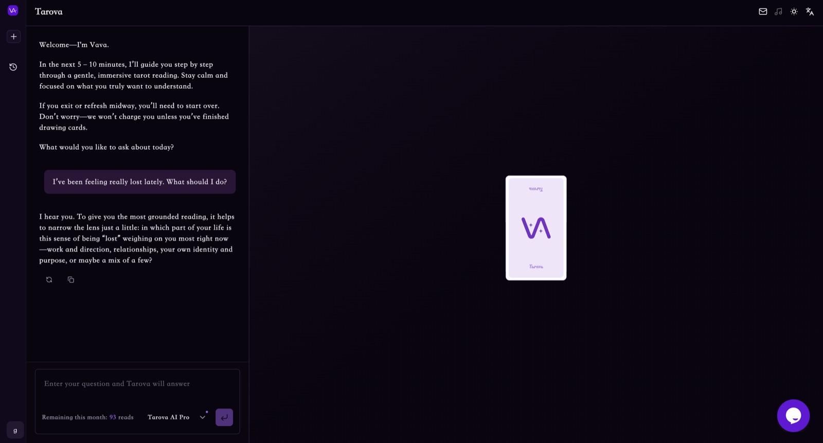 Tarova interface showing a guided AI tarot reading and question flow.