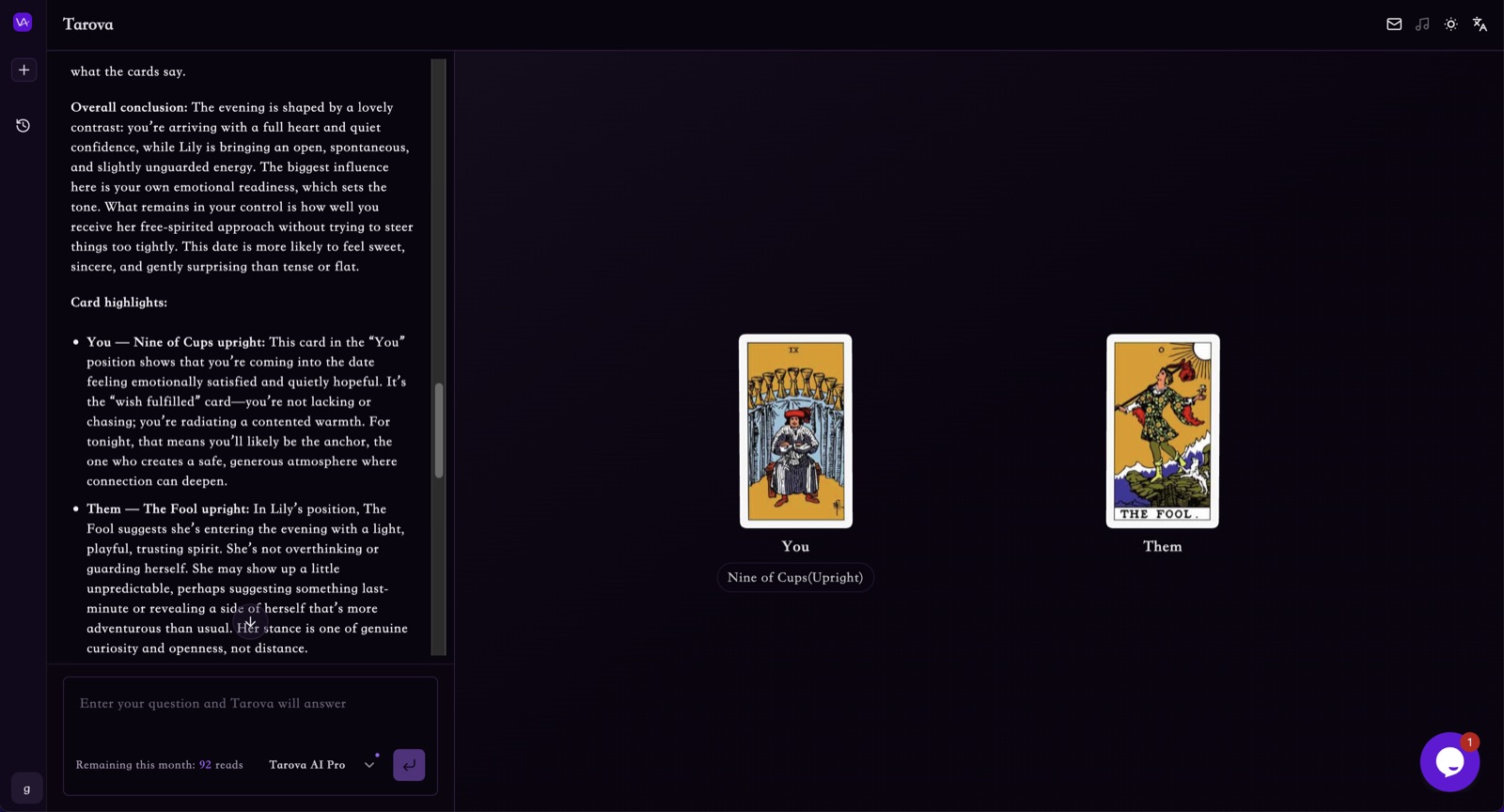 Tarova AI tarot reading interface showing a guided question flow and structured interpretation experience.
