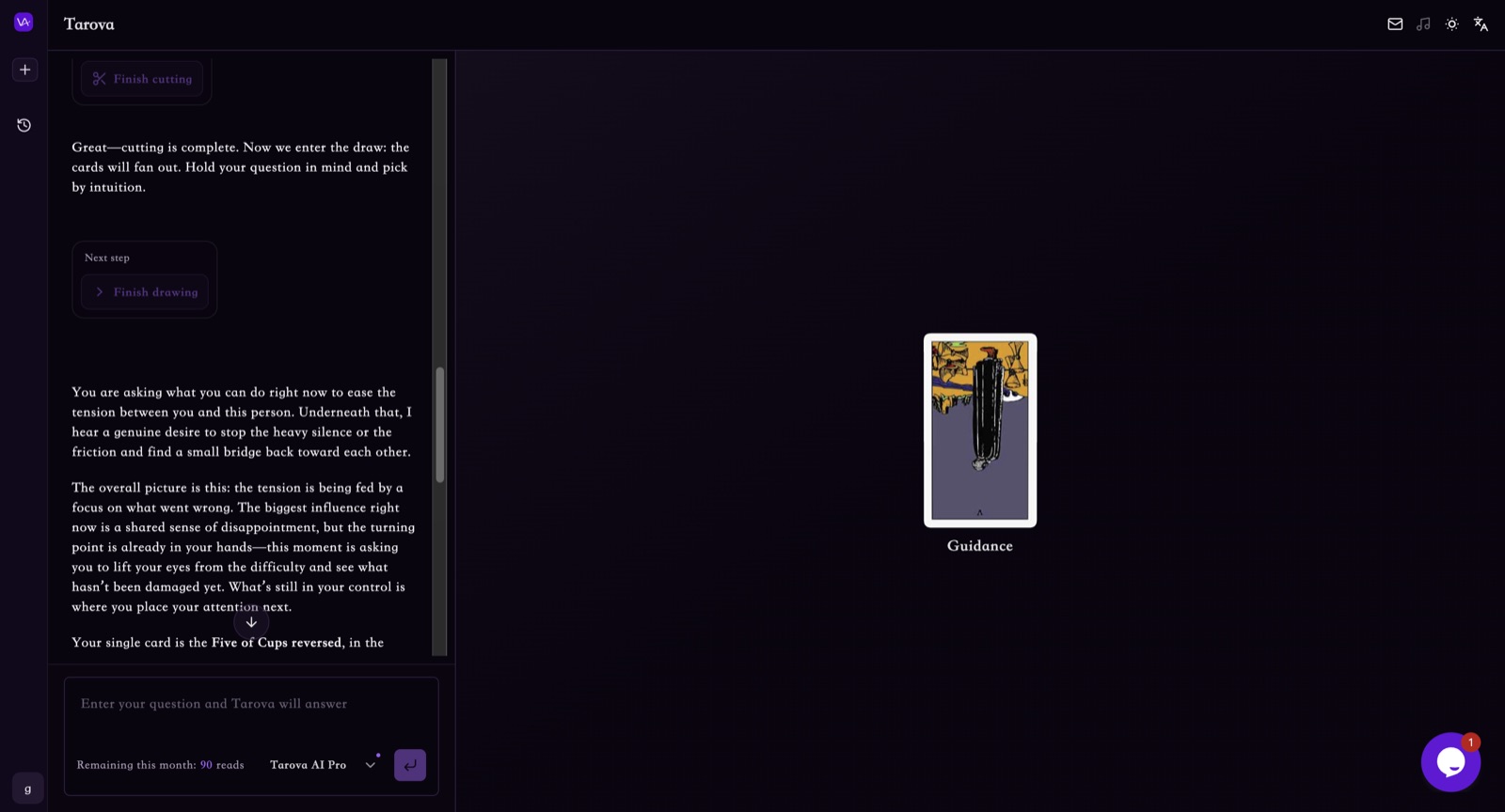 The Tarova chat interface guiding a user through a structured tarot reading, turning emotional confusion into clearer next-step questions.