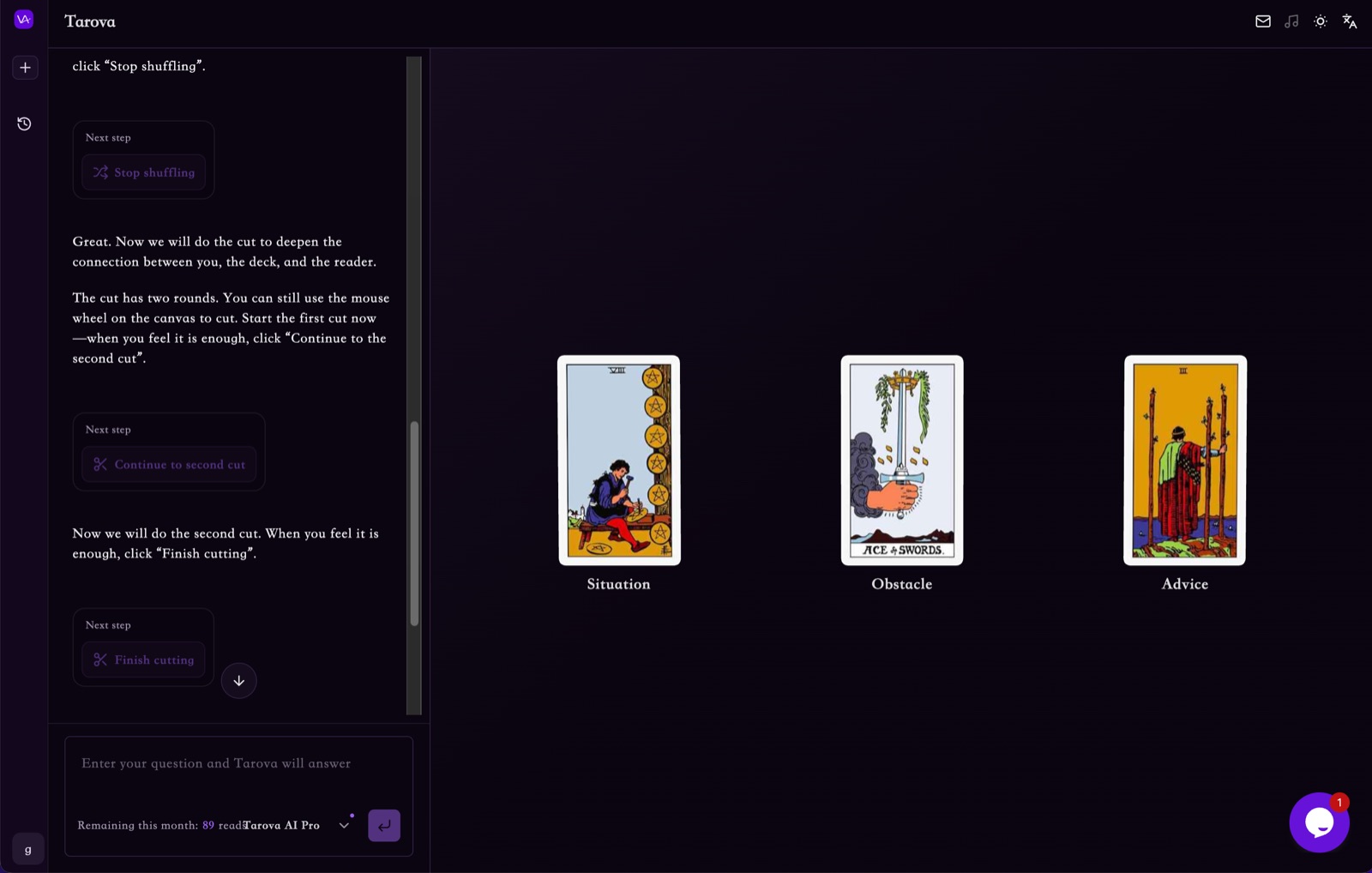 A Tarova.ai interface showing guided tarot reading prompts and a more immersive reading flow.