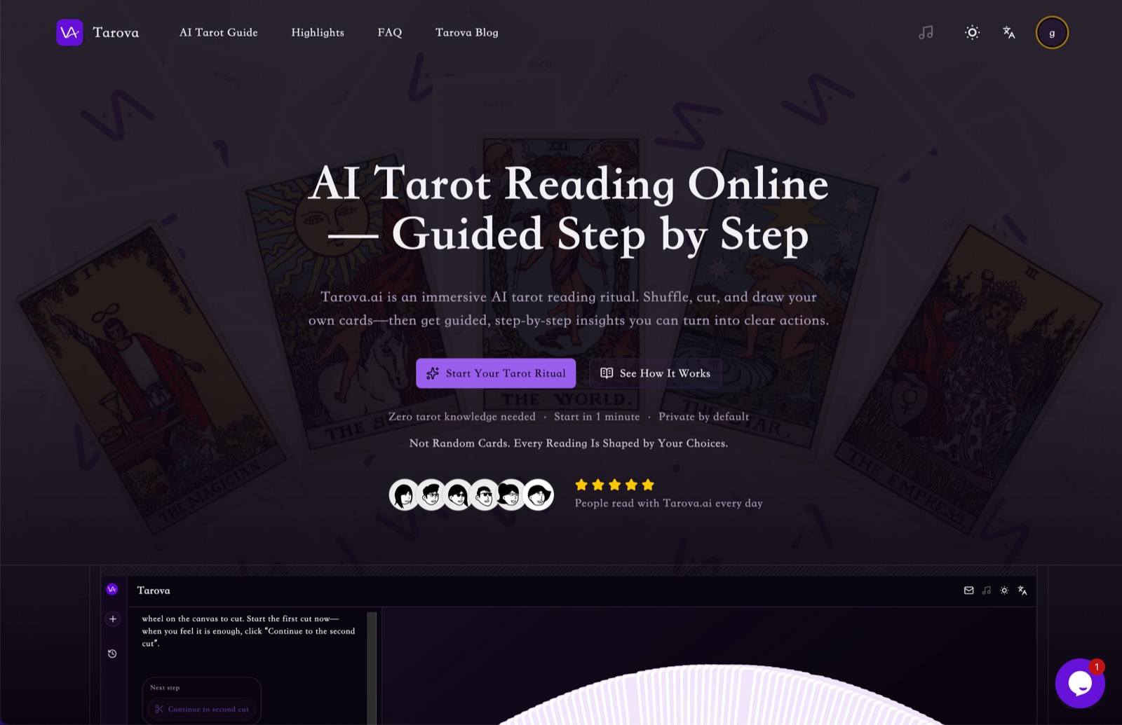 Tarova guided reading interface showing the next step from tarot article to immersive AI tarot experience.