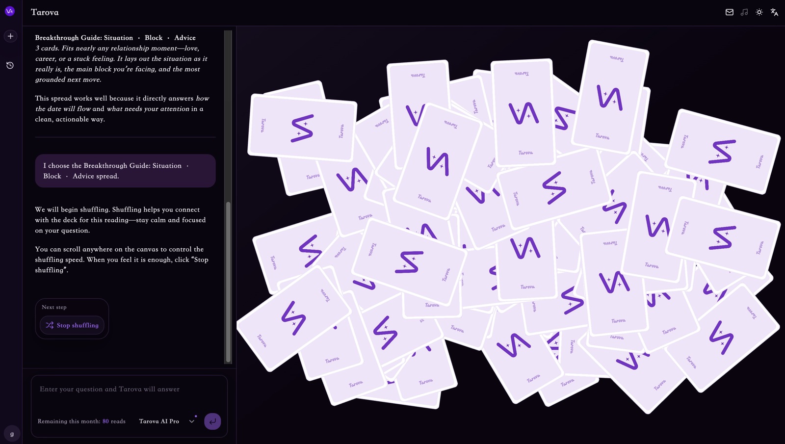 The Tarova reading interface, showing a guided tarot experience that helps turn unclear emotions into a more structured and useful question.