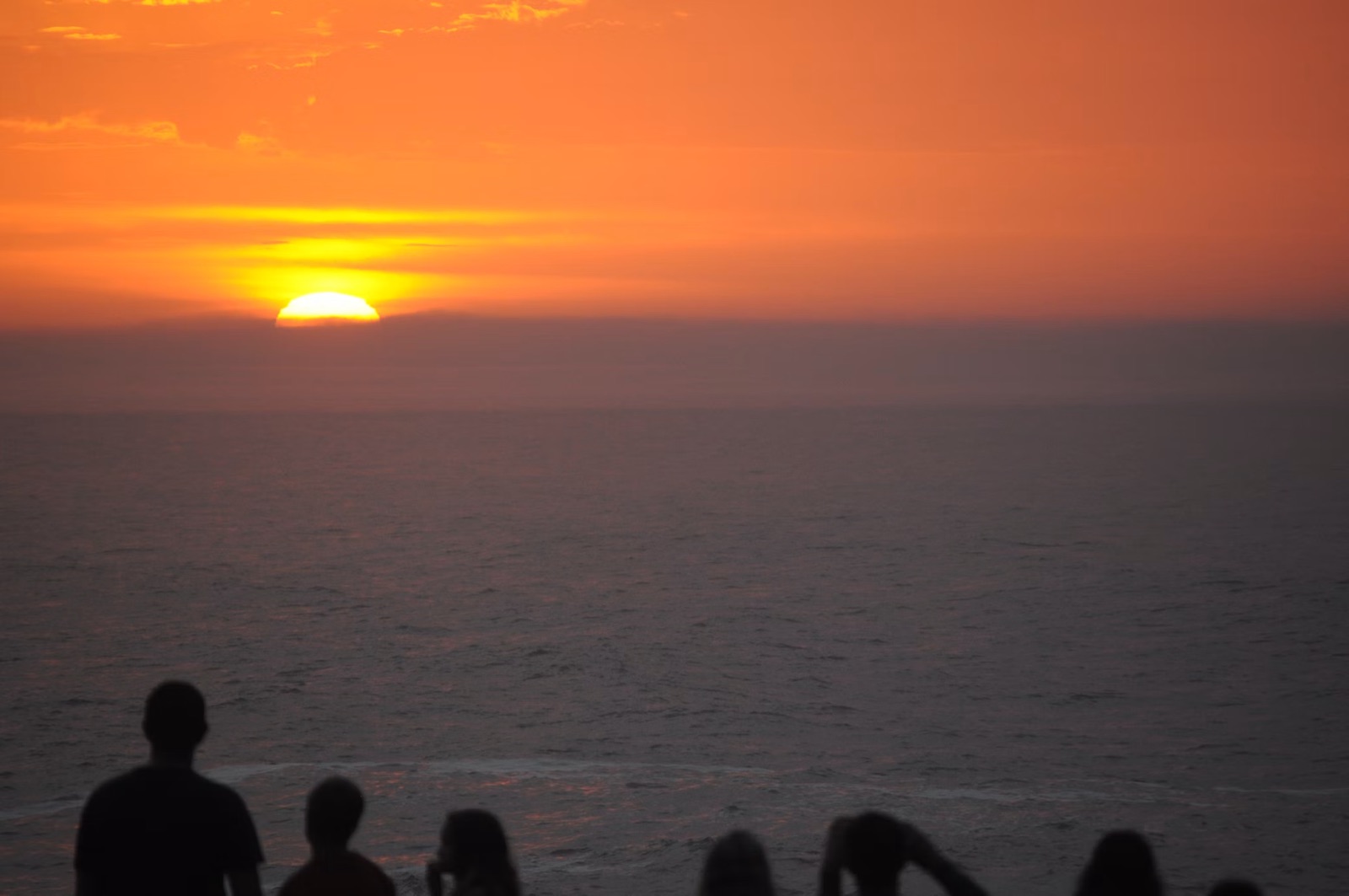 People watching a sunset together by the ocean, quiet and reflective.