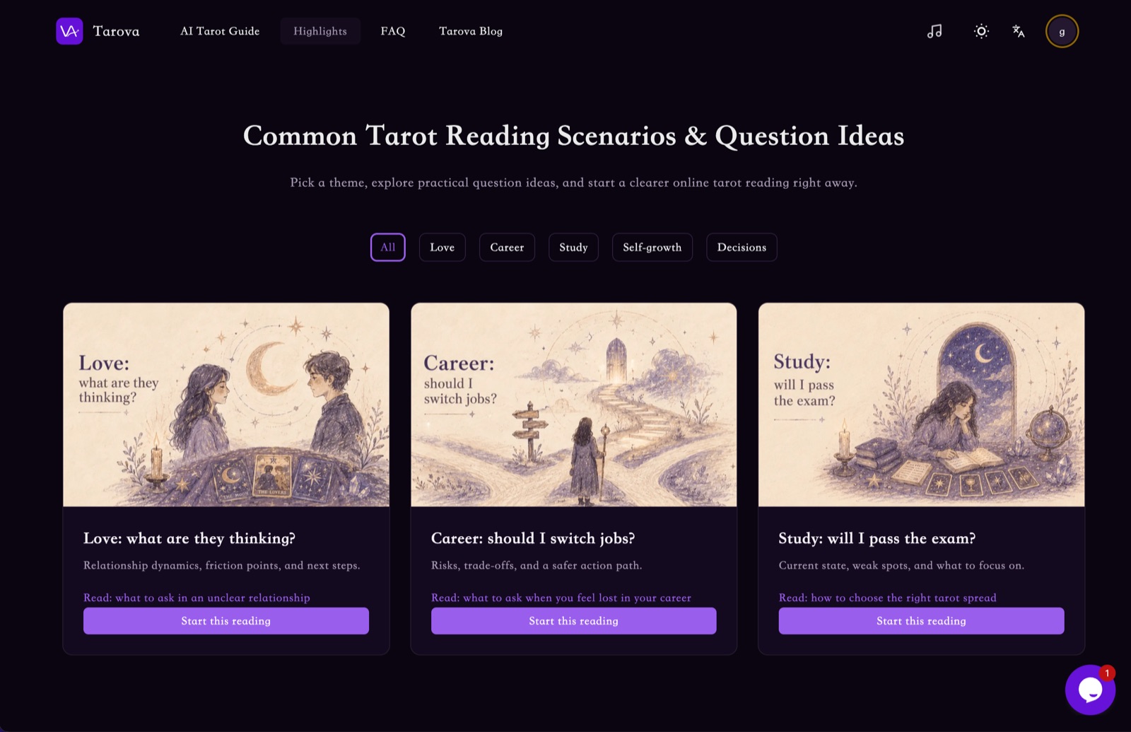 Tarova interface screenshot showing a guided tarot chat experience.