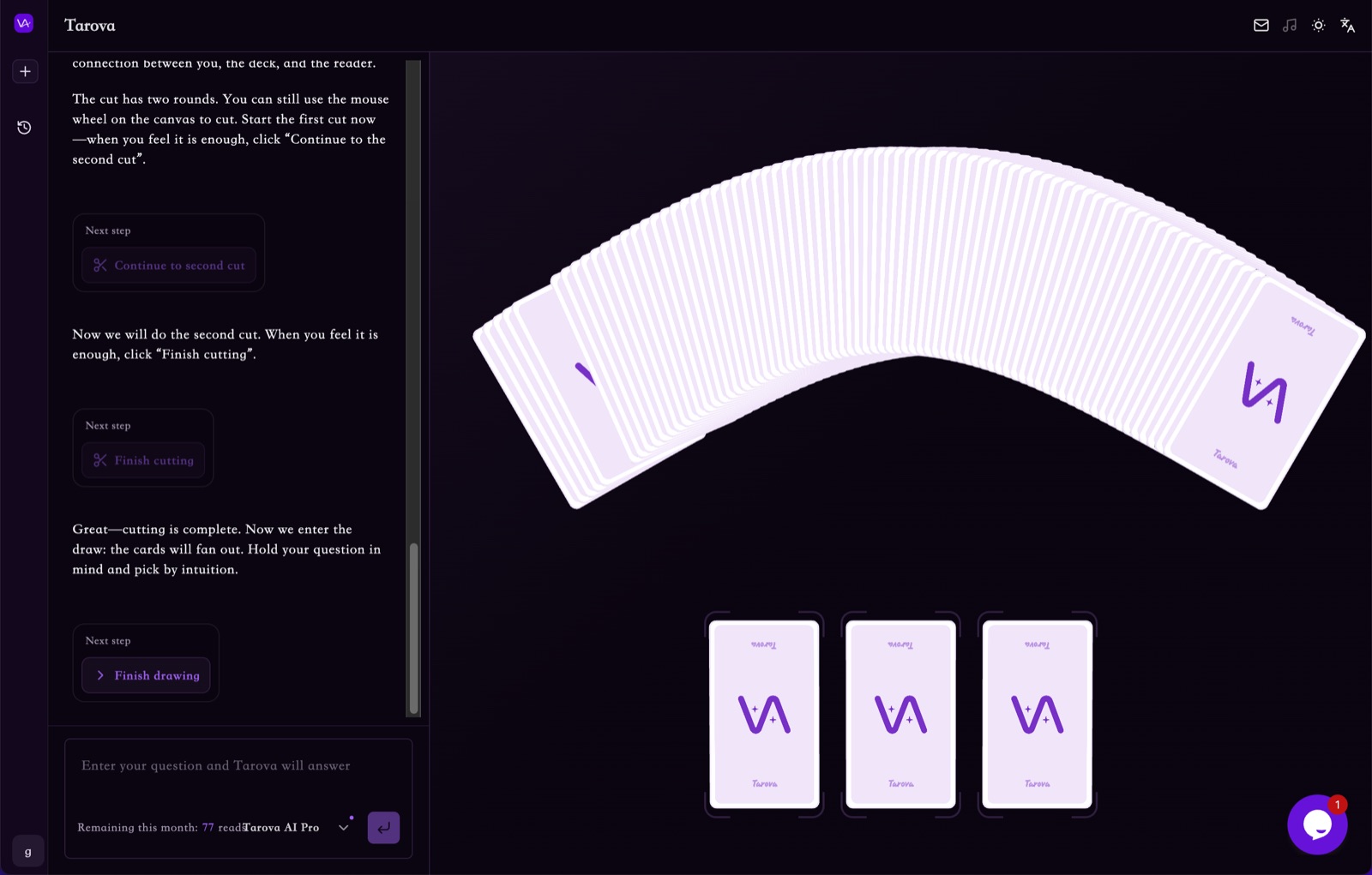 Tarova chat interface showing a guided love question about slow progress and whether a relationship is worth continued investment.
