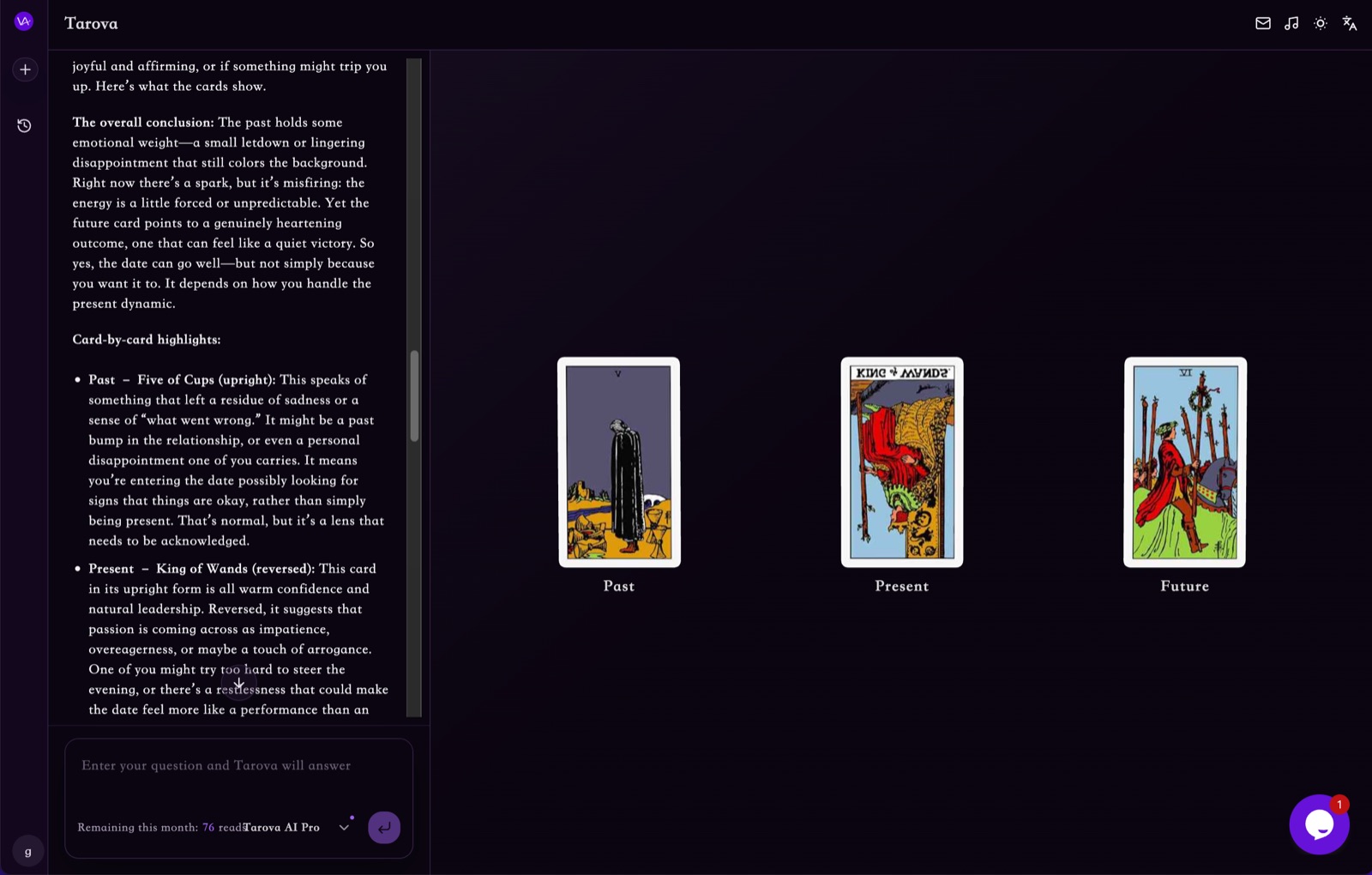 Tarova chat interface showing a guided AI tarot reading flow designed to turn unclear emotions into clearer questions.