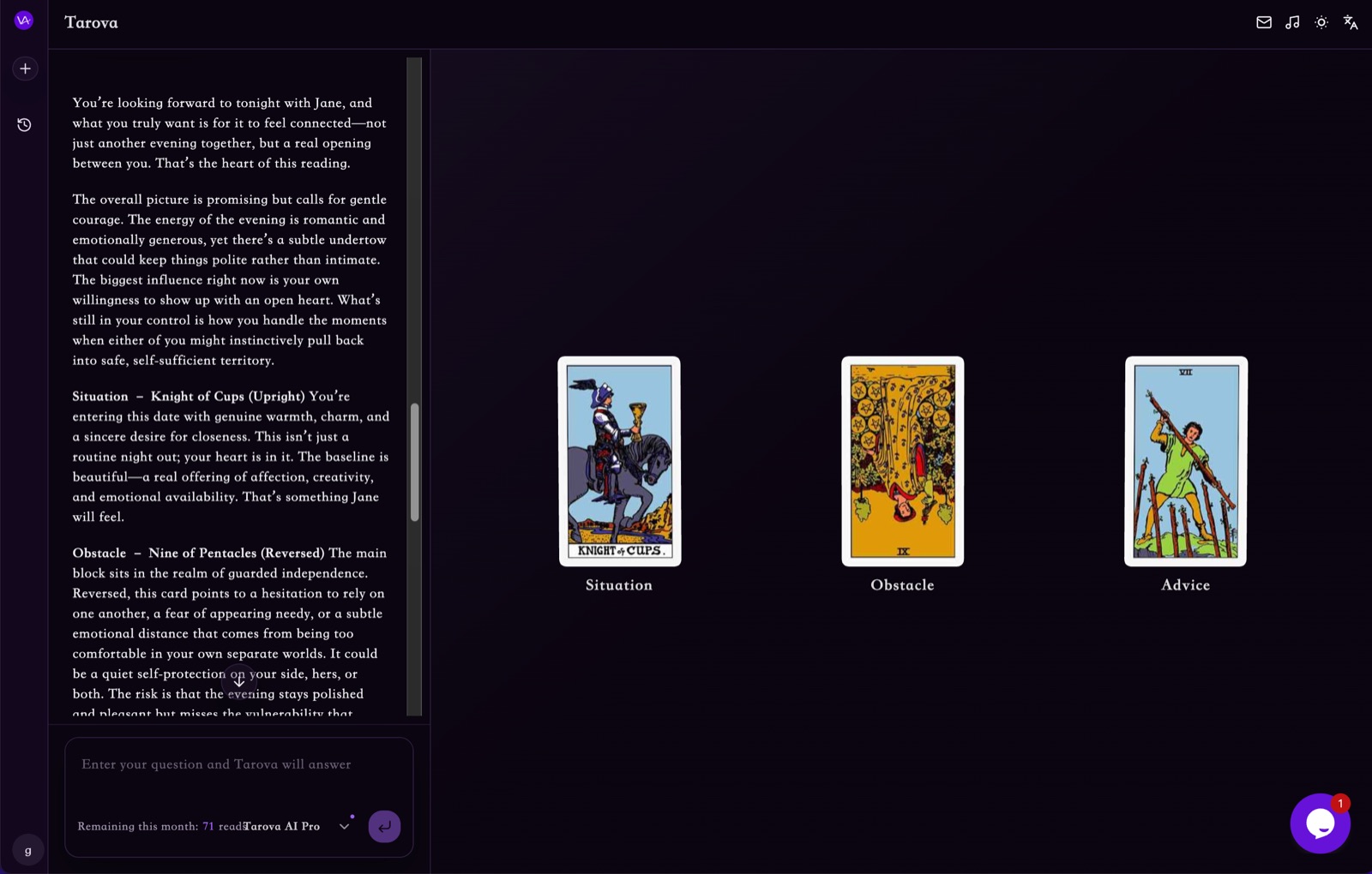 Tarova chat interface used for guided reflection during a difficult emotional transition.