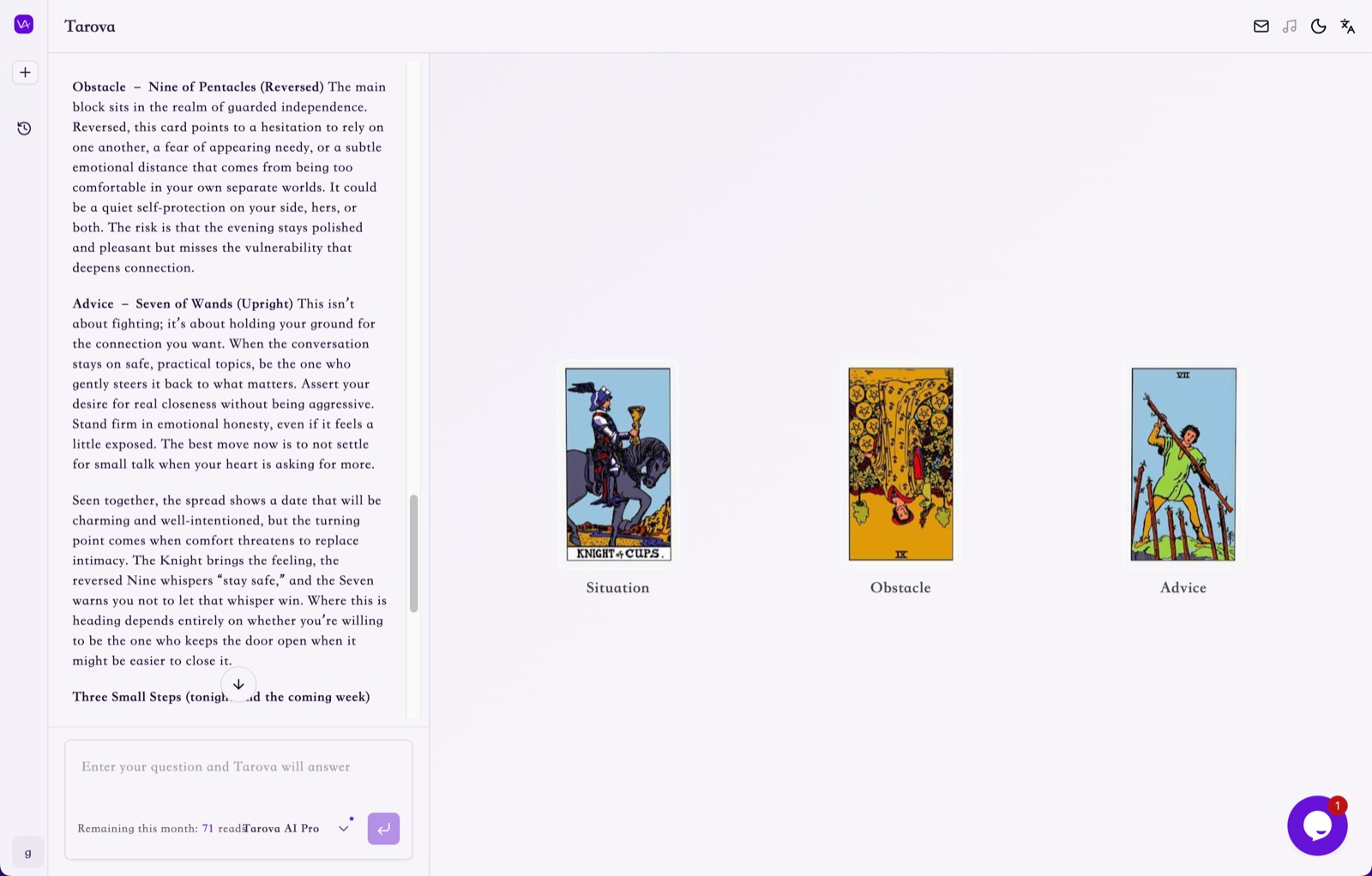 A screenshot of the Tarova reading interface, showing a guided and immersive tarot experience designed to turn vague emotions into clearer questions.
