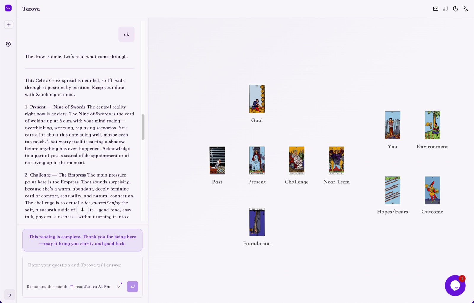 The Tarova Chat interface showing a guided AI tarot reading experience.