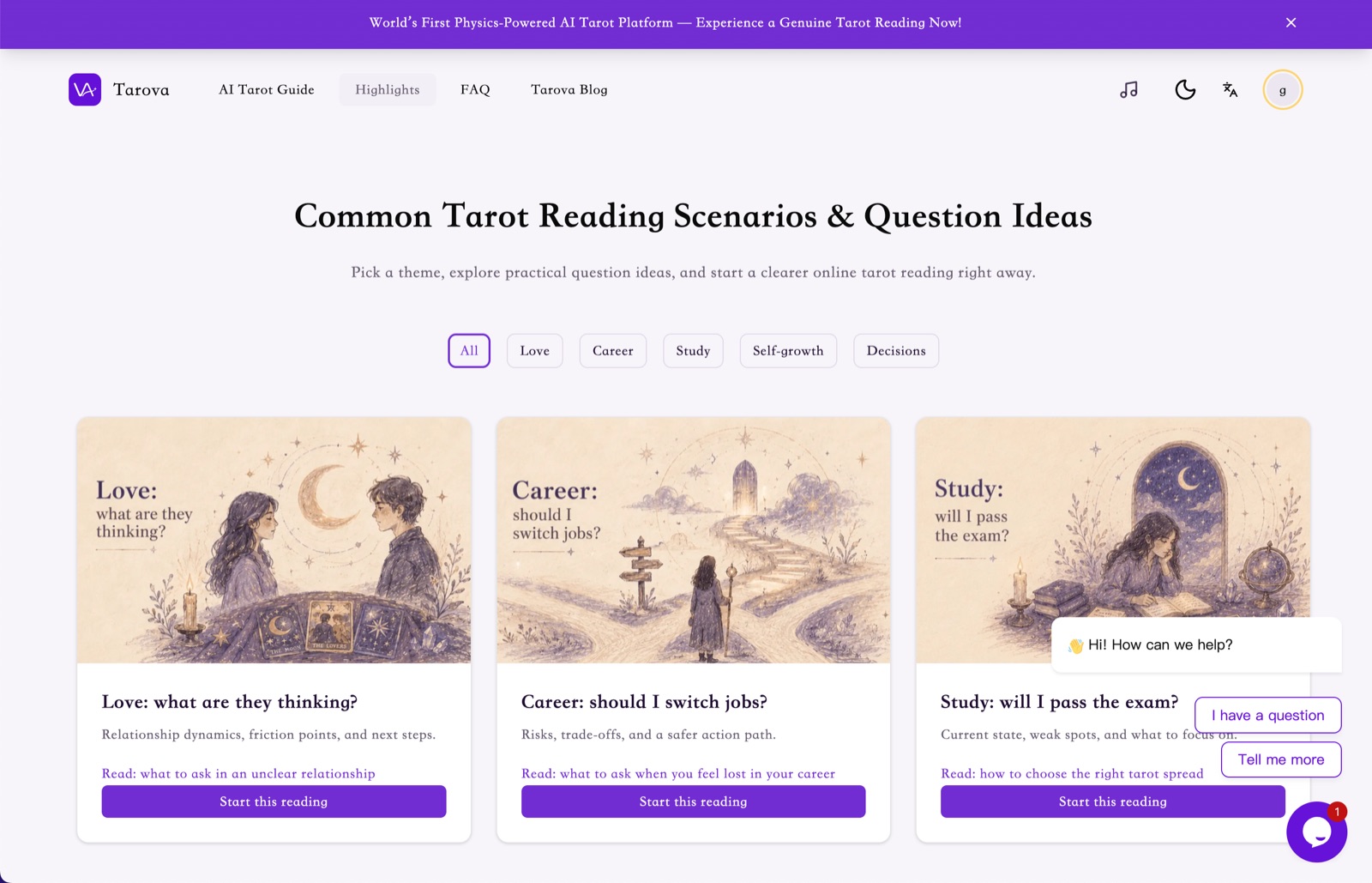 A real Tarova interface screenshot, showing a chat-style tarot reading experience and making the guidance feel practical and actionable.