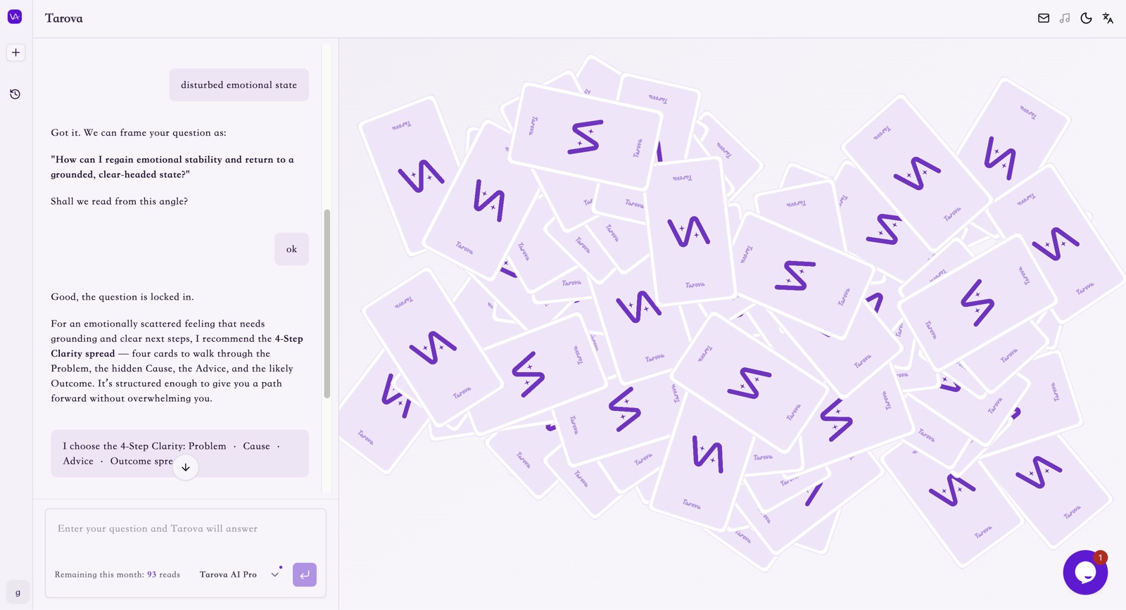 The Tarova chat interface, showing a guided tarot experience that helps turn vague feelings into a clearer question.