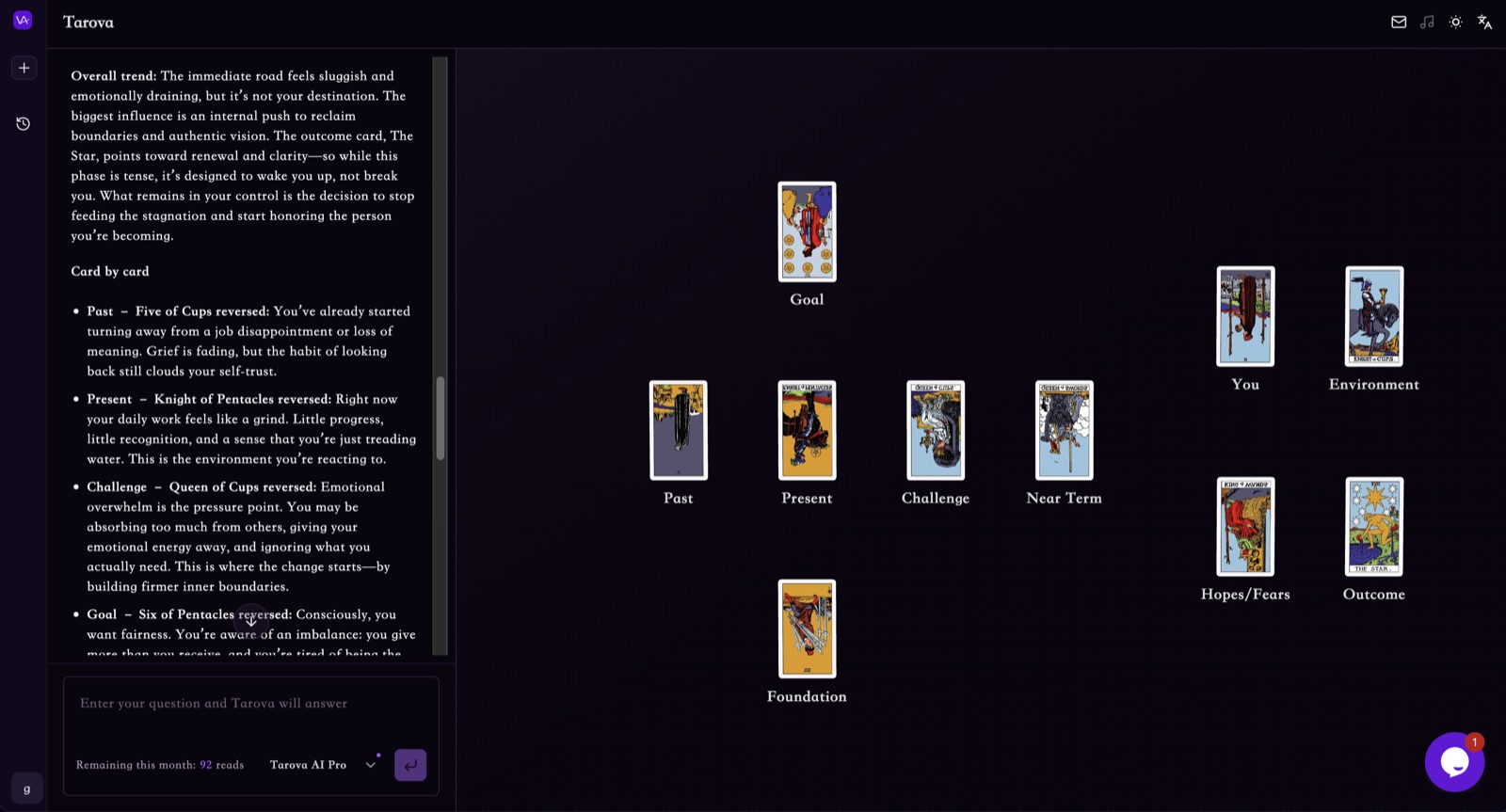 Tarova chat interface showing a guided AI tarot reading experience.